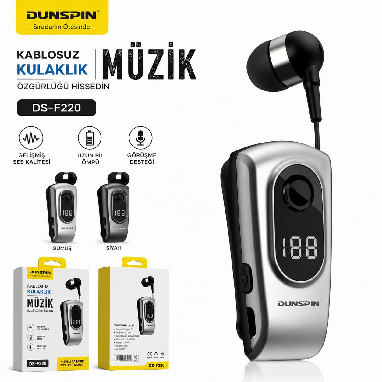 Dunspin DS-F220 Dijital Göstergeli Makaralı Tekli Bluetooth Kulaklık - Görsel 3