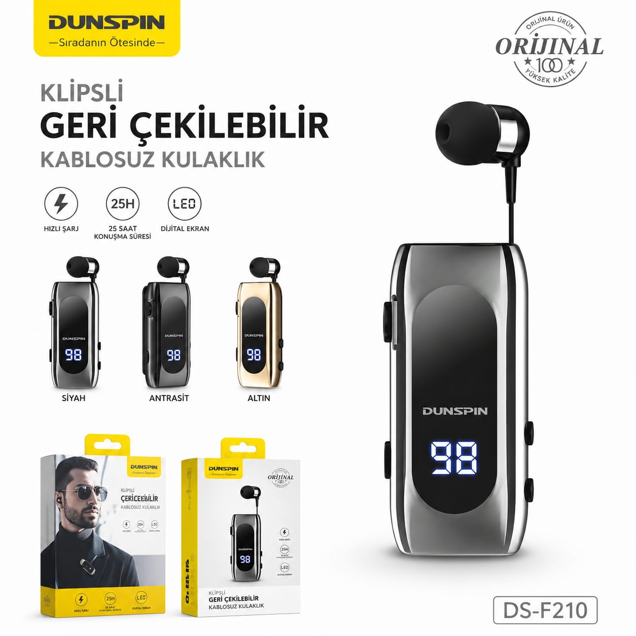 Dunspin DS-F210 Dijital Göstergeli Makaralı Tekli Bluetooth Kulaklık - Görsel 2