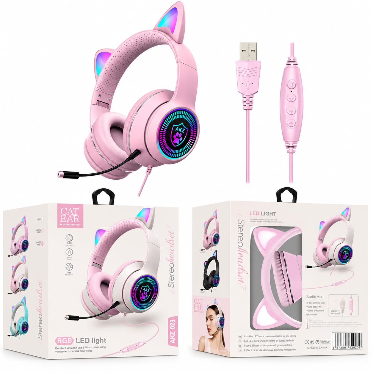 GLR_Tech AKZ-023 RGB Led Işıklı Mikrofonlu Kedi Oyuncu Kulaklığı - Görsel 2