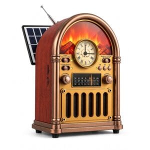 GLR YG-6040BTS Solar Panelli Analog Saatli Nostaljik Şömine Görünümlü Bluetooth Radyo Hoparlör