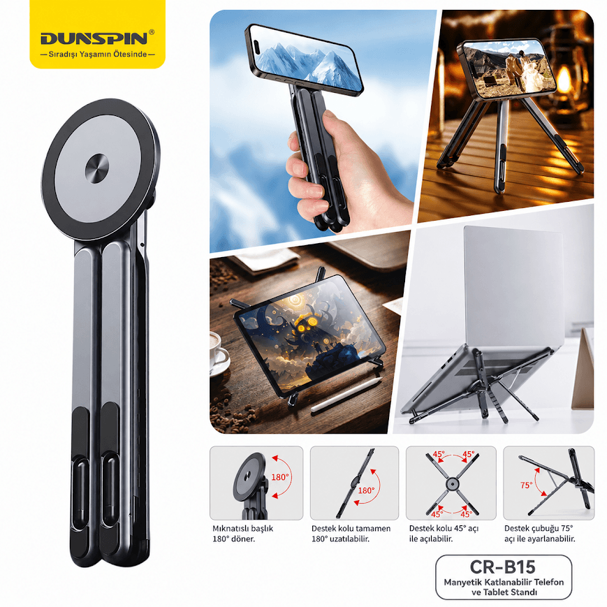 Dunspin CR-B15 Ayarlanabilir Manyetik Özellikli Alüminyum Tablet Telefon Standı - Görsel 3