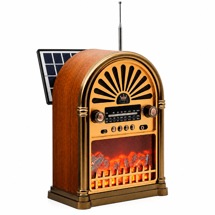 GLR YG-6041BTS Solar Panelli Nostaljik Şömine Görünümlü Bluetooth Radyo Hoparlör
