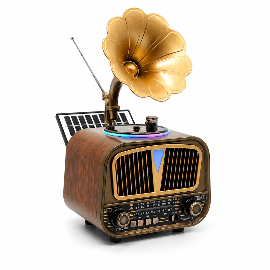 GLR YG-6010BTS Solar Panelli Nostaljik Plak Çalar Görünümlü Bluetooth Radyo Hoparlör