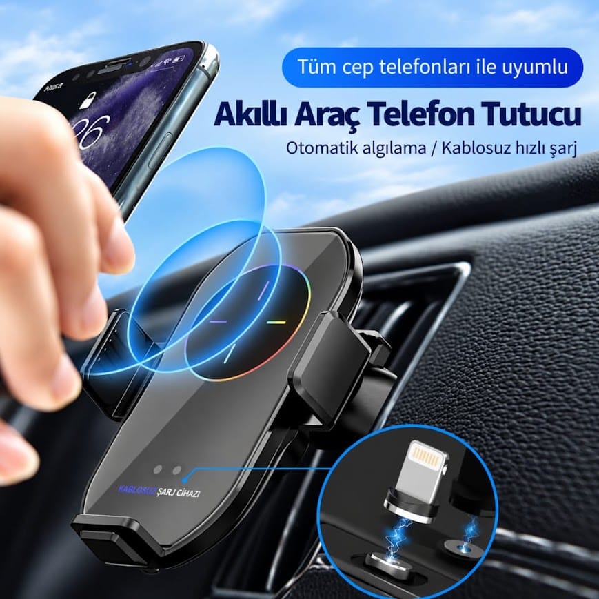 GLRTech A7 havalandırma klipsli hızlı kablosuz şarjlı araç telefon tutacağı