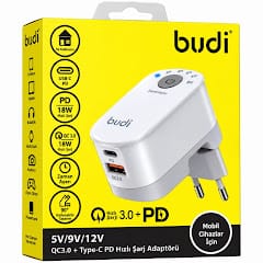 Budi M8J030TE 90 derece katlanabilir fişli 18W hızlı şarj başlığı
