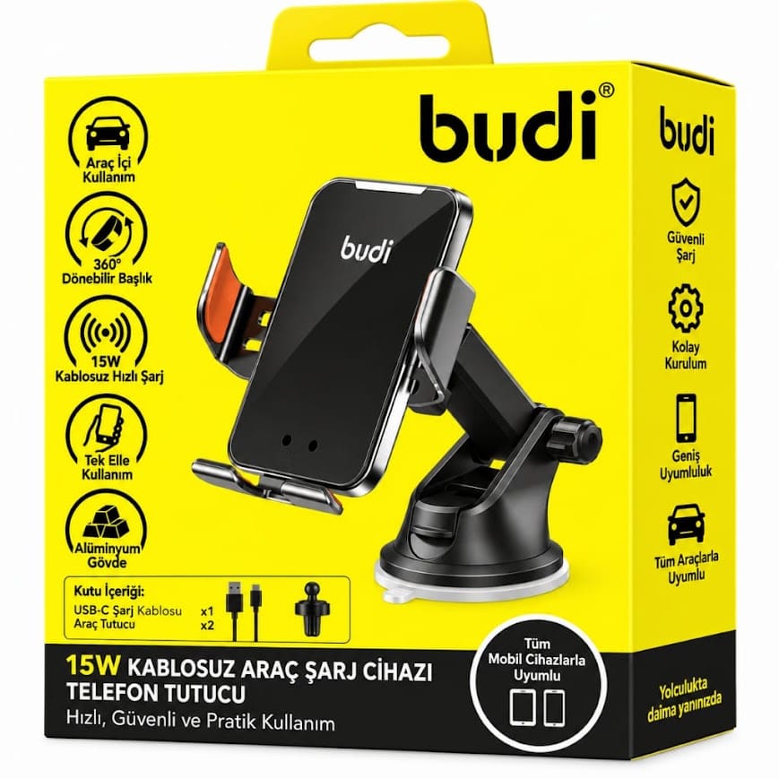 Budi CM550B 360 derece dönebilen kablosuz hızlı şarjlı araç tutucu