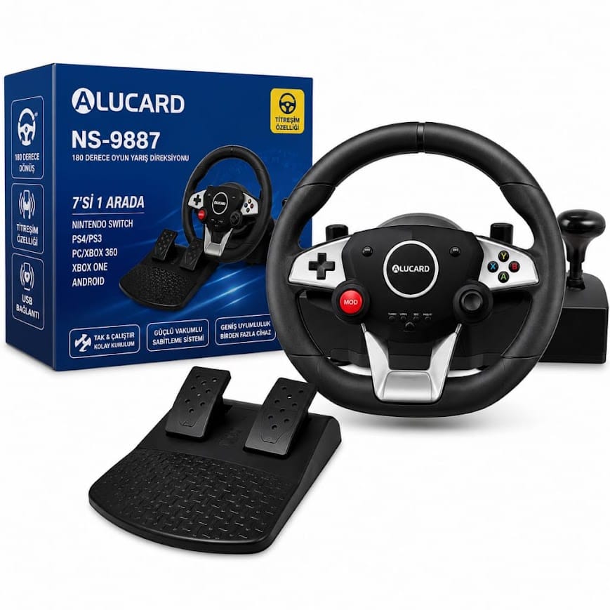 GLRTech NS-9887 vitesli pedallı 180 derece titreşimli yarış direksiyonu