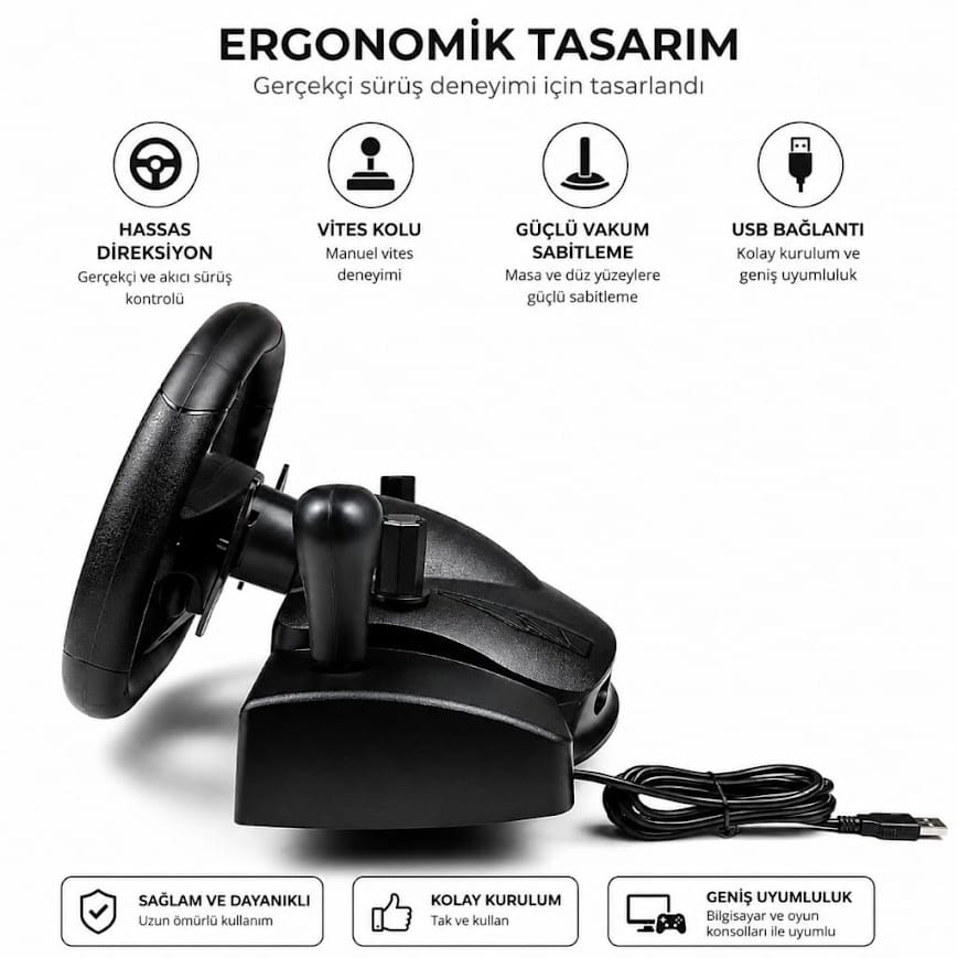 GLRTech NS-9887 vitesli pedallı 180 derece titreşimli yarış direksiyonu