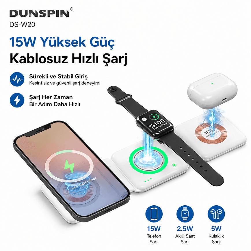 Dunspin DS-W20 katlanabilir ince tasarım telefon saat kulaklık kablosuz şarj pedi