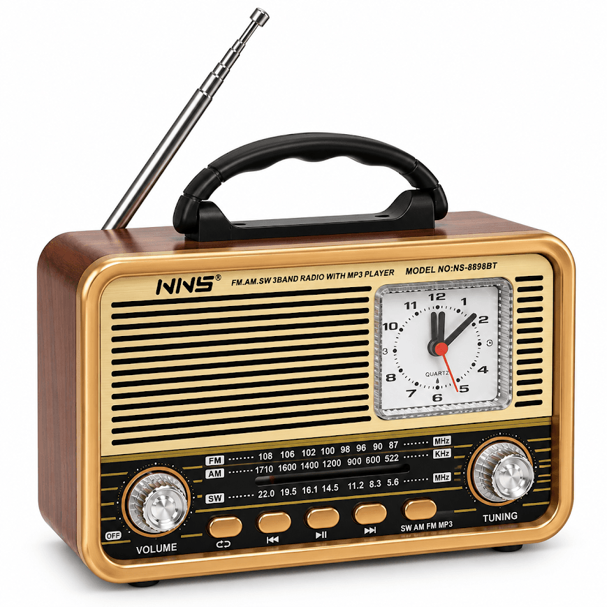 GLR NS-8898BT analog saatli nostaljik görünümlü Bluetooth radyo hoparlör