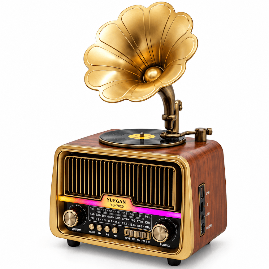 GLR YG-7020BT nostaljik plak çalar görünümlü Bluetooth radyo hoparlör