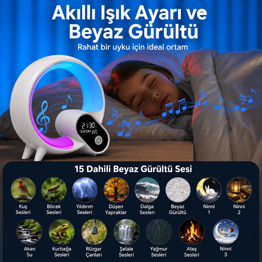 JRL 12 renkli ışık efektli ve 16 beyaz gürültülü dijital saatli masa lambası