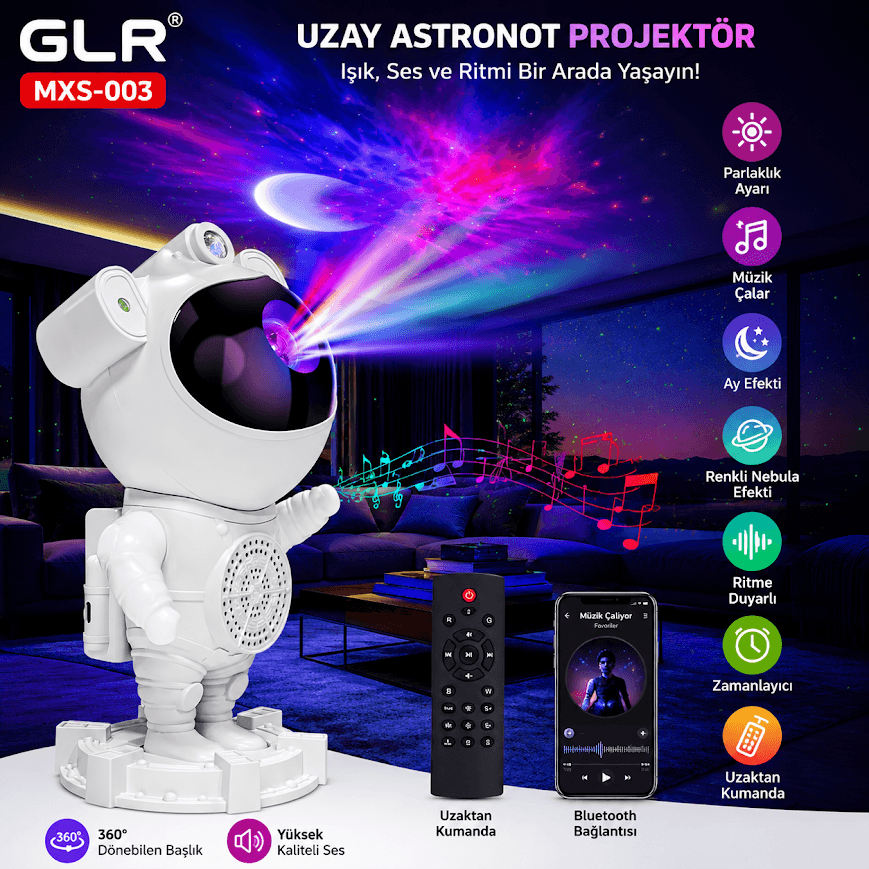 GLR MXS-003 astronot lamba tavan galaksi nebula ve yeşil lazer yıldız yansıtması