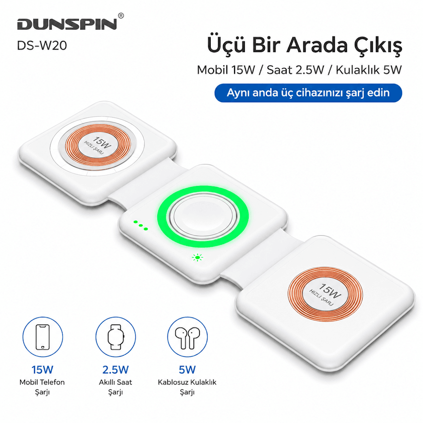 unspin DS-W20 15W 3 istasyonlu katlanabilir kablosuz şarj standı