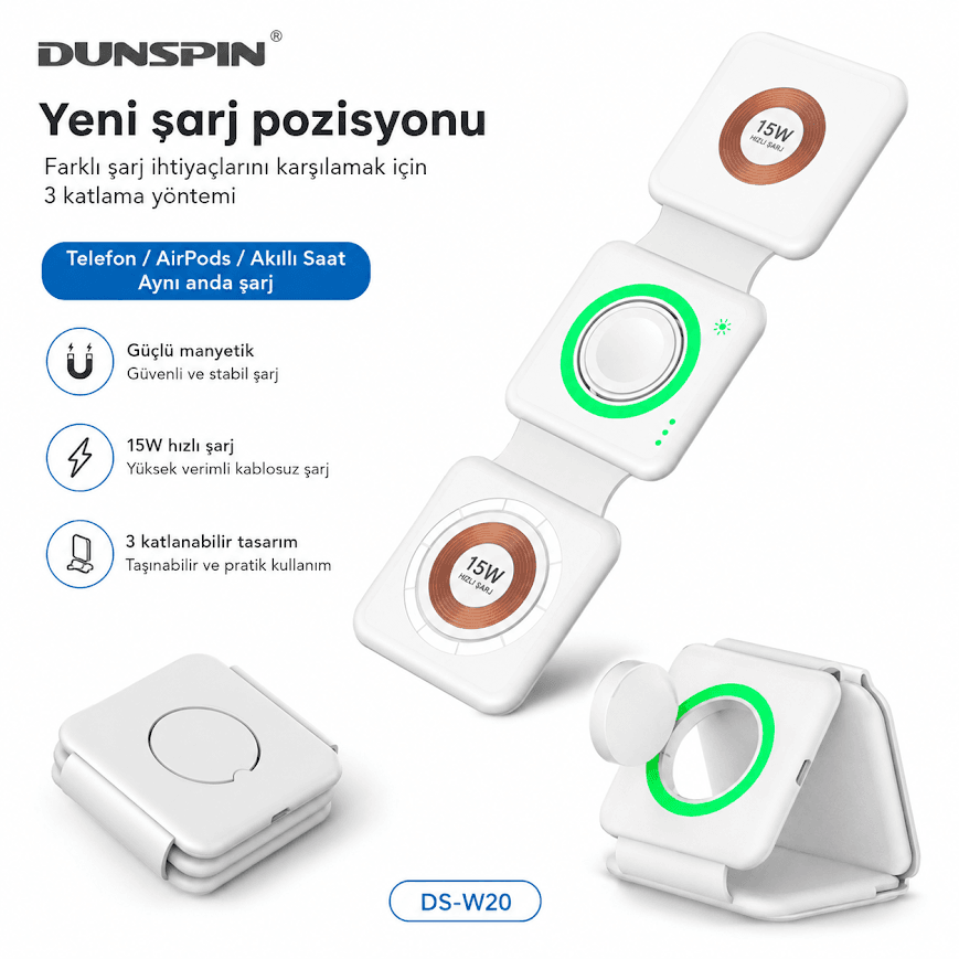 Dunspin DS-W20 katlanabilir ince tasarım telefon saat kulaklık kablosuz şarj pedi