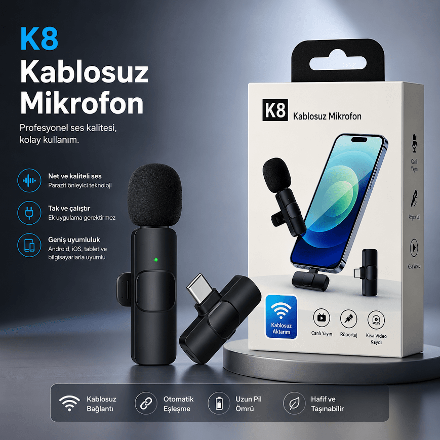 GLR K8 Type-C alıcı girişli kablosuz yaka mikrofonu ve verici ünitesi