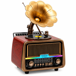 GLR YG-7020BTS solar panelli nostaljik plak çalar görünümlü Bluetooth radyo hoparlör
