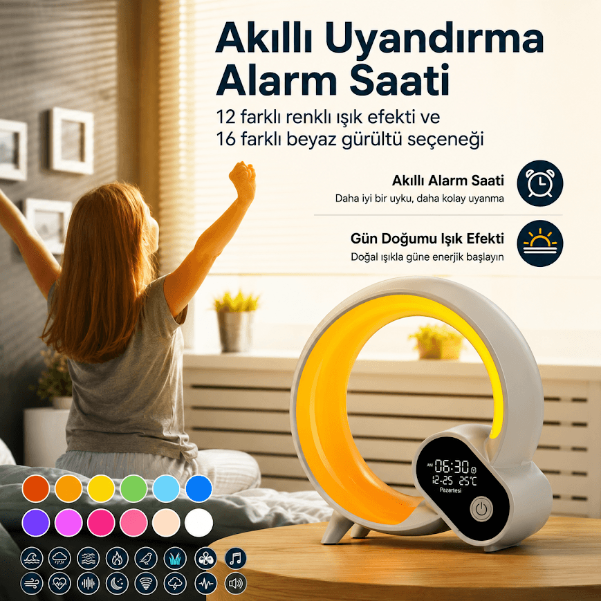 JRL 12 renkli ışık efektli ve 16 beyaz gürültülü dijital saatli masa lambası
