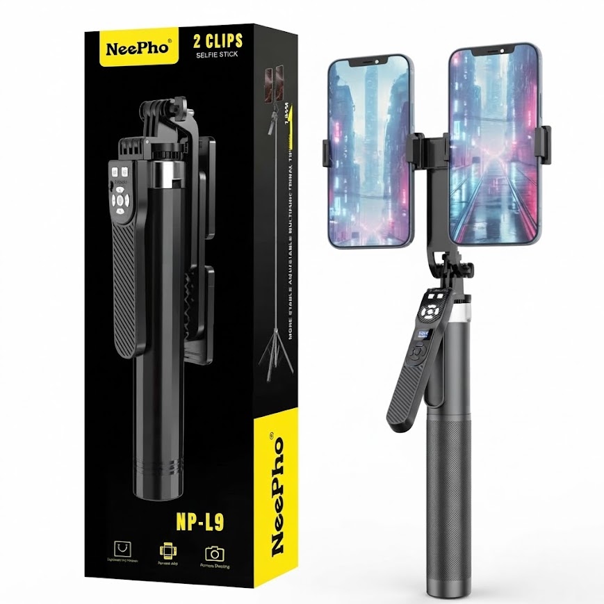 Neepho NP-L9 kumandalı çift telefon tutucu özellikli tripod selfie çubuğu