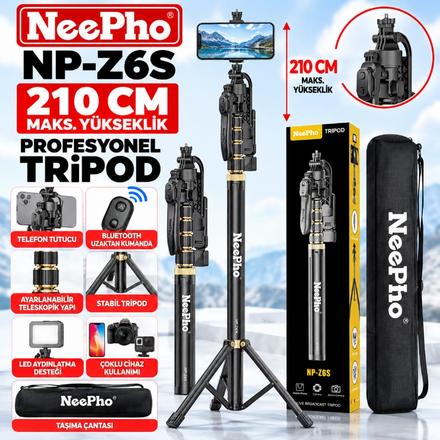 Neepho NP-Z6S entegre LED ışıklı kablosuz uzaktan kumandalı telefon tripodu