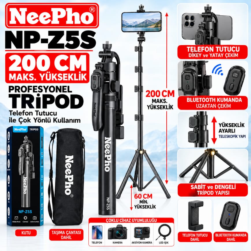 Neepho NP-Z5S entegre LED ışıklı kablosuz uzaktan kumandalı telefon tripodu