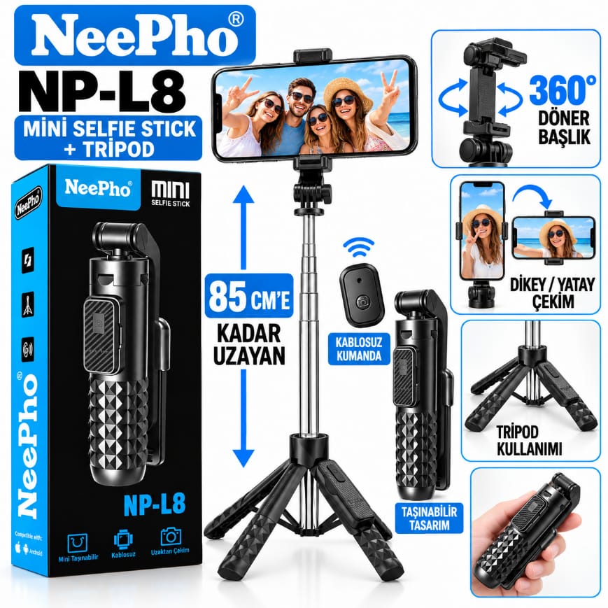 Neepho NP-L8 kablosuz deklanşör kumandalı katlanabilir telefon tripodu
