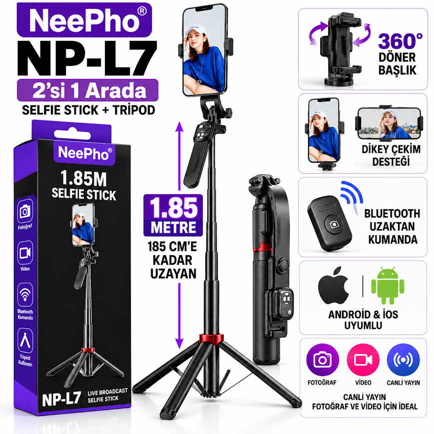 Neepho NP-L7 kablosuz kumandalı uzayabilir telefon tripodu ve selfie çubuğu