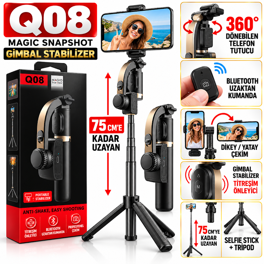 GLR Q08 tek eksenli motorize gimbal sabitleyici ve Bluetooth kumandalı