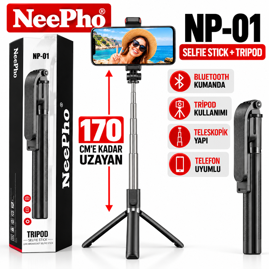 Neepho NP-01 kablosuz kumandalı uzayabilir telefon tripodu ve selfie