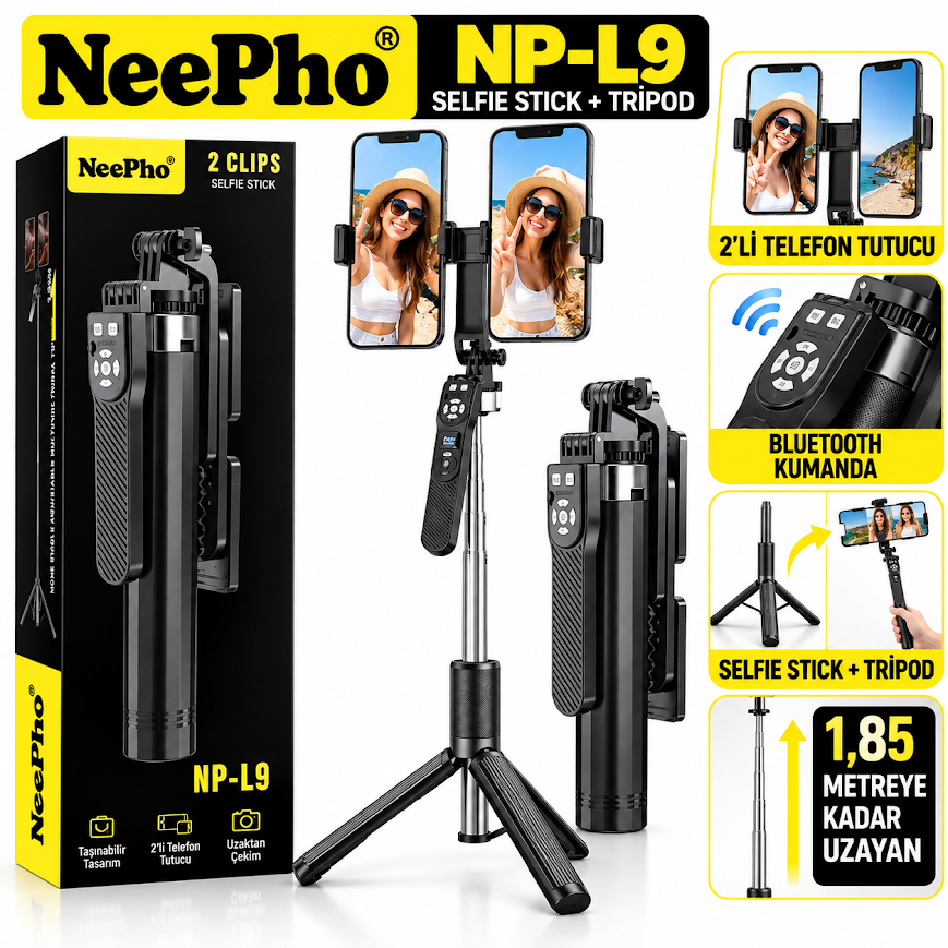 Neepho NP-L9 çift telefon başlıklı Bluetooth kumandalı canlı yayın tripodu